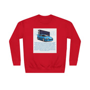 Car Enthusiast Crewneck Sweatshirt — Blue Sports Car Graphic with Tech Text