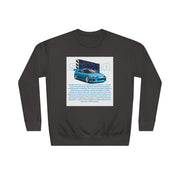 Car Enthusiast Crewneck Sweatshirt — Blue Sports Car Graphic with Tech Text