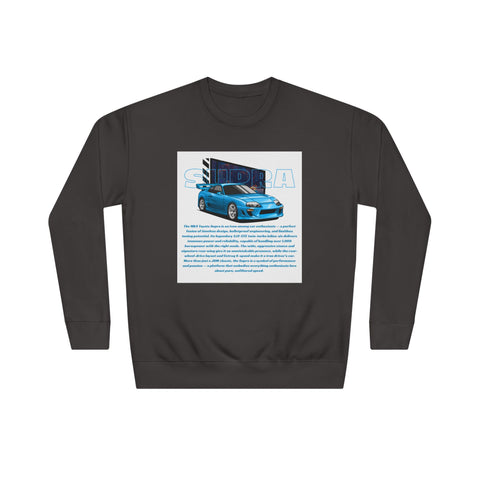 Car Enthusiast Crewneck Sweatshirt — Blue Sports Car Graphic with Tech Text