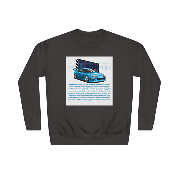 Car Enthusiast Crewneck Sweatshirt — Blue Sports Car Graphic with Tech Text