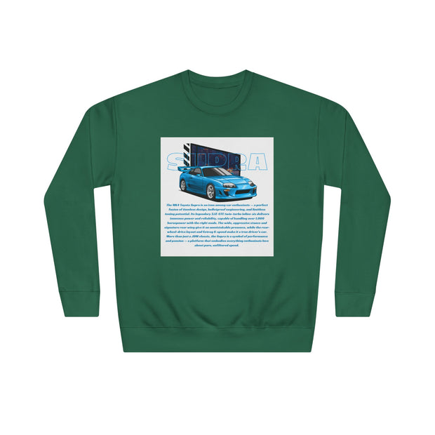 Car Enthusiast Crewneck Sweatshirt — Blue Sports Car Graphic with Tech Text