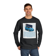 Car Enthusiast Crewneck Sweatshirt — Blue Sports Car Graphic with Tech Text