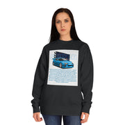 Car Enthusiast Crewneck Sweatshirt — Blue Sports Car Graphic with Tech Text