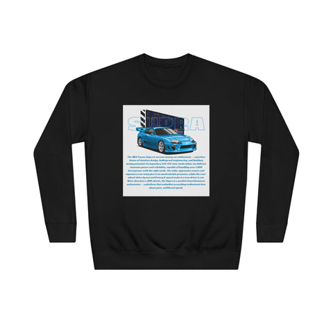 Car Enthusiast Crewneck Sweatshirt — Blue Sports Car Graphic with Tech Text
