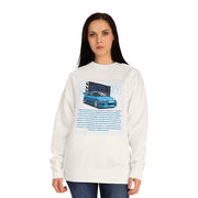 Car Enthusiast Crewneck Sweatshirt — Blue Sports Car Graphic with Tech Text