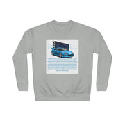 Car Enthusiast Crewneck Sweatshirt — Blue Sports Car Graphic with Tech Text