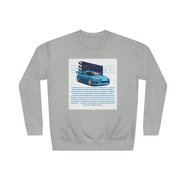 Car Enthusiast Crewneck Sweatshirt — Blue Sports Car Graphic with Tech Text