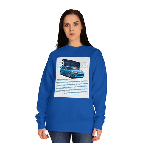 Car Enthusiast Crewneck Sweatshirt — Blue Sports Car Graphic with Tech Text