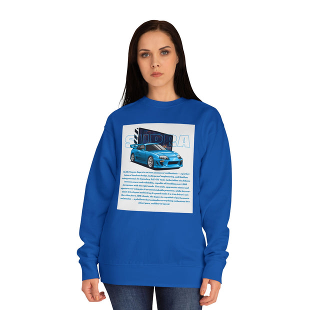 Car Enthusiast Crewneck Sweatshirt — Blue Sports Car Graphic with Tech Text