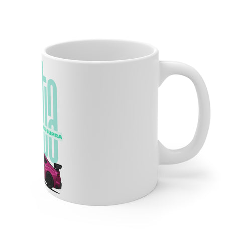 Toyota Supra 11oz Mug — Pink Sports Car with Retro Aqua Typography