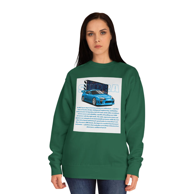 Car Enthusiast Crewneck Sweatshirt — Blue Sports Car Graphic with Tech Text