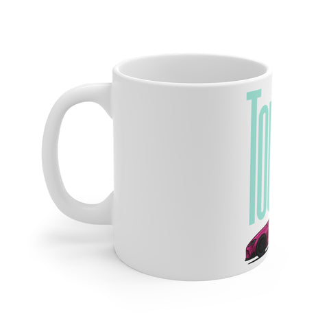 Toyota Supra 11oz Mug — Pink Sports Car with Retro Aqua Typography