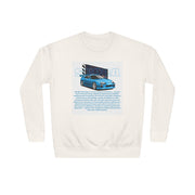 Car Enthusiast Crewneck Sweatshirt — Blue Sports Car Graphic with Tech Text