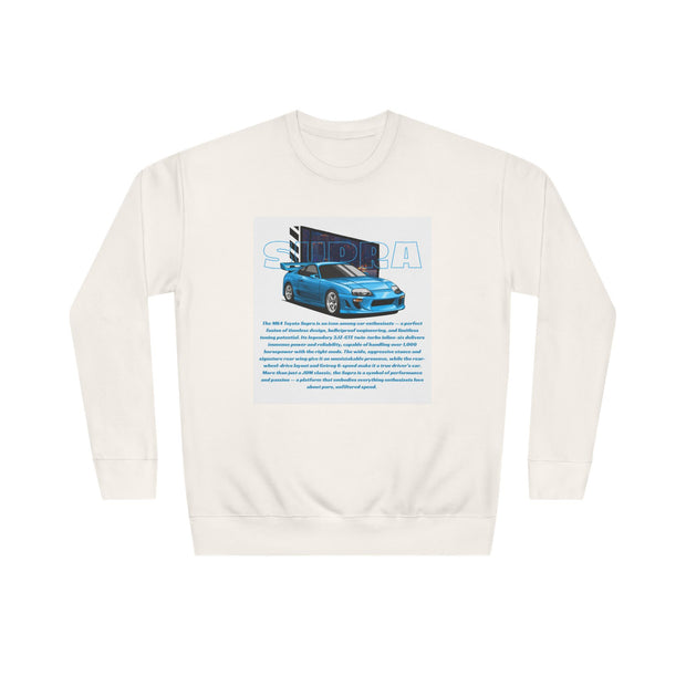 Car Enthusiast Crewneck Sweatshirt — Blue Sports Car Graphic with Tech Text