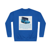 Car Enthusiast Crewneck Sweatshirt — Blue Sports Car Graphic with Tech Text