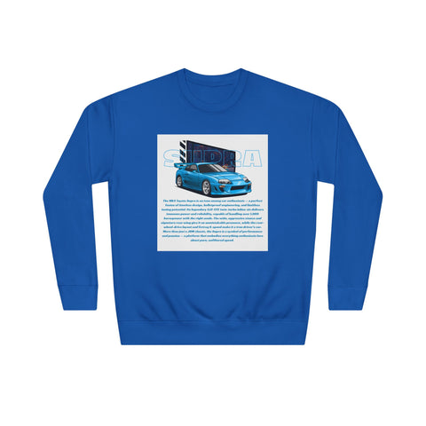 Car Enthusiast Crewneck Sweatshirt — Blue Sports Car Graphic with Tech Text