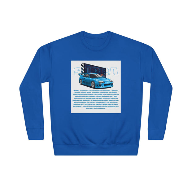 Car Enthusiast Crewneck Sweatshirt — Blue Sports Car Graphic with Tech Text