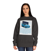 Car Enthusiast Crewneck Sweatshirt — Blue Sports Car Graphic with Tech Text