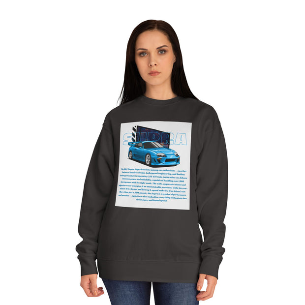 Car Enthusiast Crewneck Sweatshirt — Blue Sports Car Graphic with Tech Text