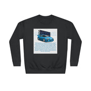 Car Enthusiast Crewneck Sweatshirt — Blue Sports Car Graphic with Tech Text