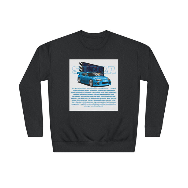 Car Enthusiast Crewneck Sweatshirt — Blue Sports Car Graphic with Tech Text