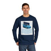 Car Enthusiast Crewneck Sweatshirt — Blue Sports Car Graphic with Tech Text
