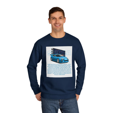 Car Enthusiast Crewneck Sweatshirt — Blue Sports Car Graphic with Tech Text