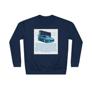 Car Enthusiast Crewneck Sweatshirt — Blue Sports Car Graphic with Tech Text