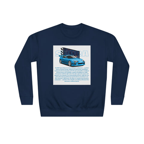 Car Enthusiast Crewneck Sweatshirt — Blue Sports Car Graphic with Tech Text