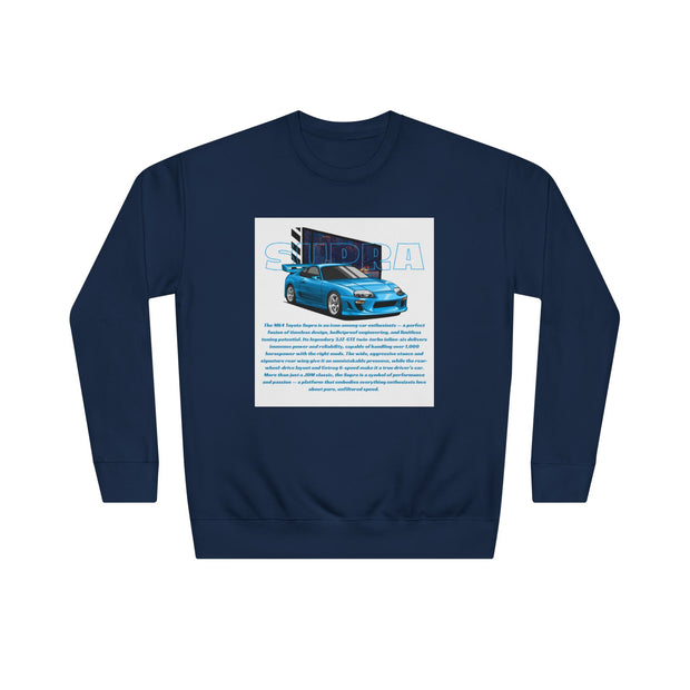 Car Enthusiast Crewneck Sweatshirt — Blue Sports Car Graphic with Tech Text