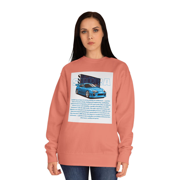 Car Enthusiast Crewneck Sweatshirt — Blue Sports Car Graphic with Tech Text