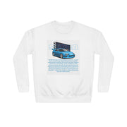 Car Enthusiast Crewneck Sweatshirt — Blue Sports Car Graphic with Tech Text