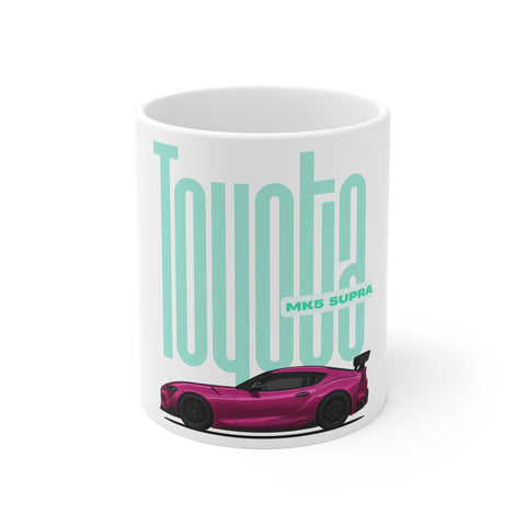 Toyota Supra 11oz Mug — Pink Sports Car with Retro Aqua Typography