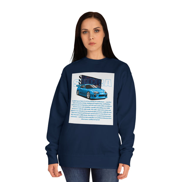 Car Enthusiast Crewneck Sweatshirt — Blue Sports Car Graphic with Tech Text
