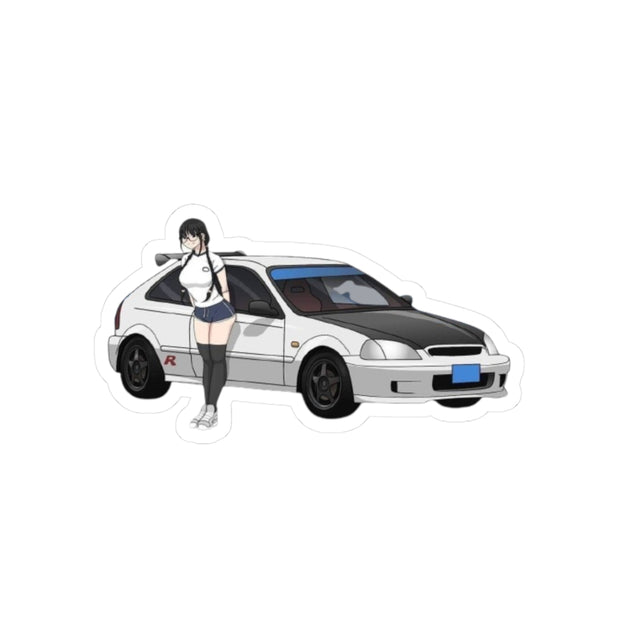 JDM Civic & Anime Girl Kiss-Cut Sticker — Car Enthusiast Laptop Decal