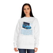 Car Enthusiast Crewneck Sweatshirt — Blue Sports Car Graphic with Tech Text