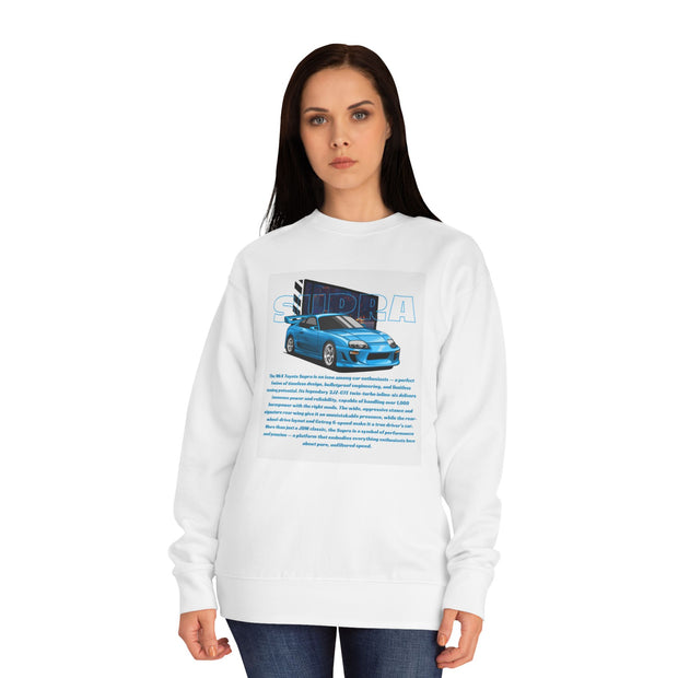 Car Enthusiast Crewneck Sweatshirt — Blue Sports Car Graphic with Tech Text