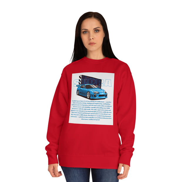 Car Enthusiast Crewneck Sweatshirt — Blue Sports Car Graphic with Tech Text