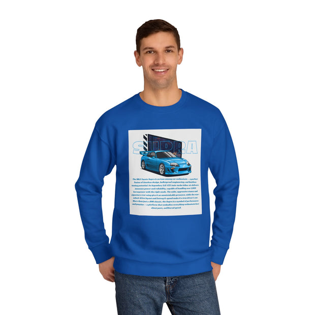 Car Enthusiast Crewneck Sweatshirt — Blue Sports Car Graphic with Tech Text