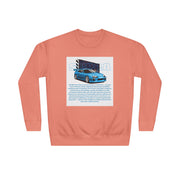 Car Enthusiast Crewneck Sweatshirt — Blue Sports Car Graphic with Tech Text