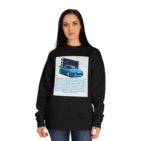 Car Enthusiast Crewneck Sweatshirt — Blue Sports Car Graphic with Tech Text